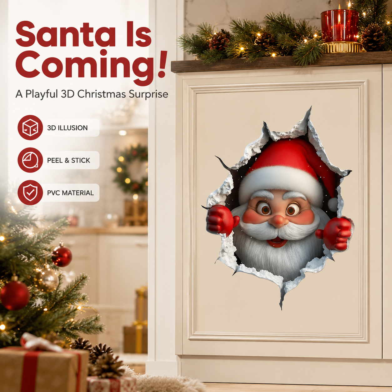 🔥LAST DAY 49% OFF🔥🎅3D Illusion Santa Face Vinyl Stickers – 🎄Easy Peel-and-Stick Holiday Wall Decals