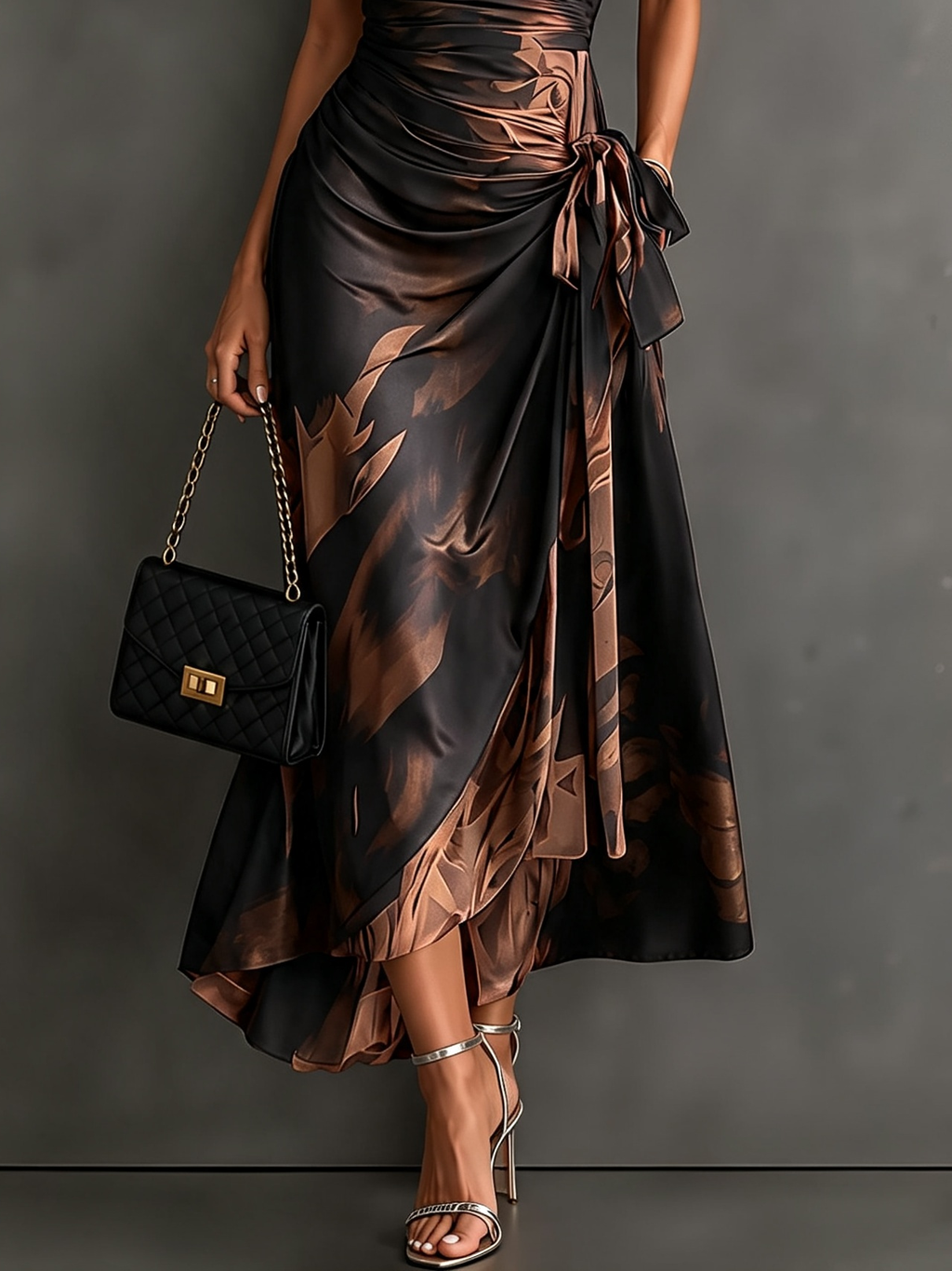 Red Black Abstract Print Wrap Midi Dress Collared V Neck Short Sleeve Tie Waist Ruffled High‑Low Hem Dress
