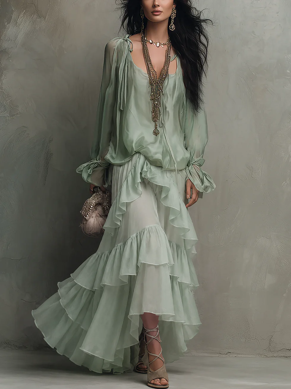 Mint Green Chiffon Ruffled Top Paired With A Layered Skirt Set