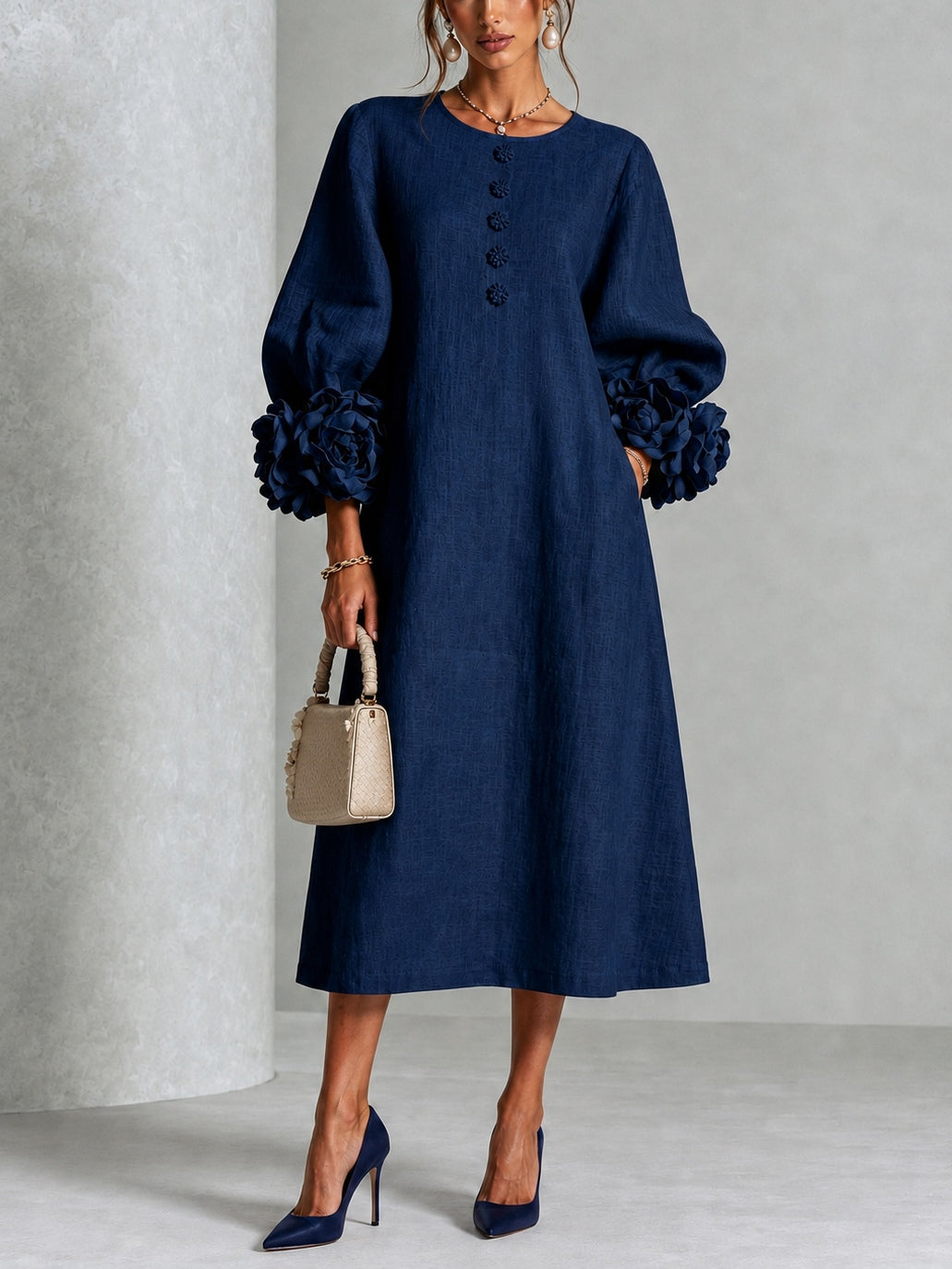 Navy Floral Button-down Midi Dress With Striking Floral Cuffs