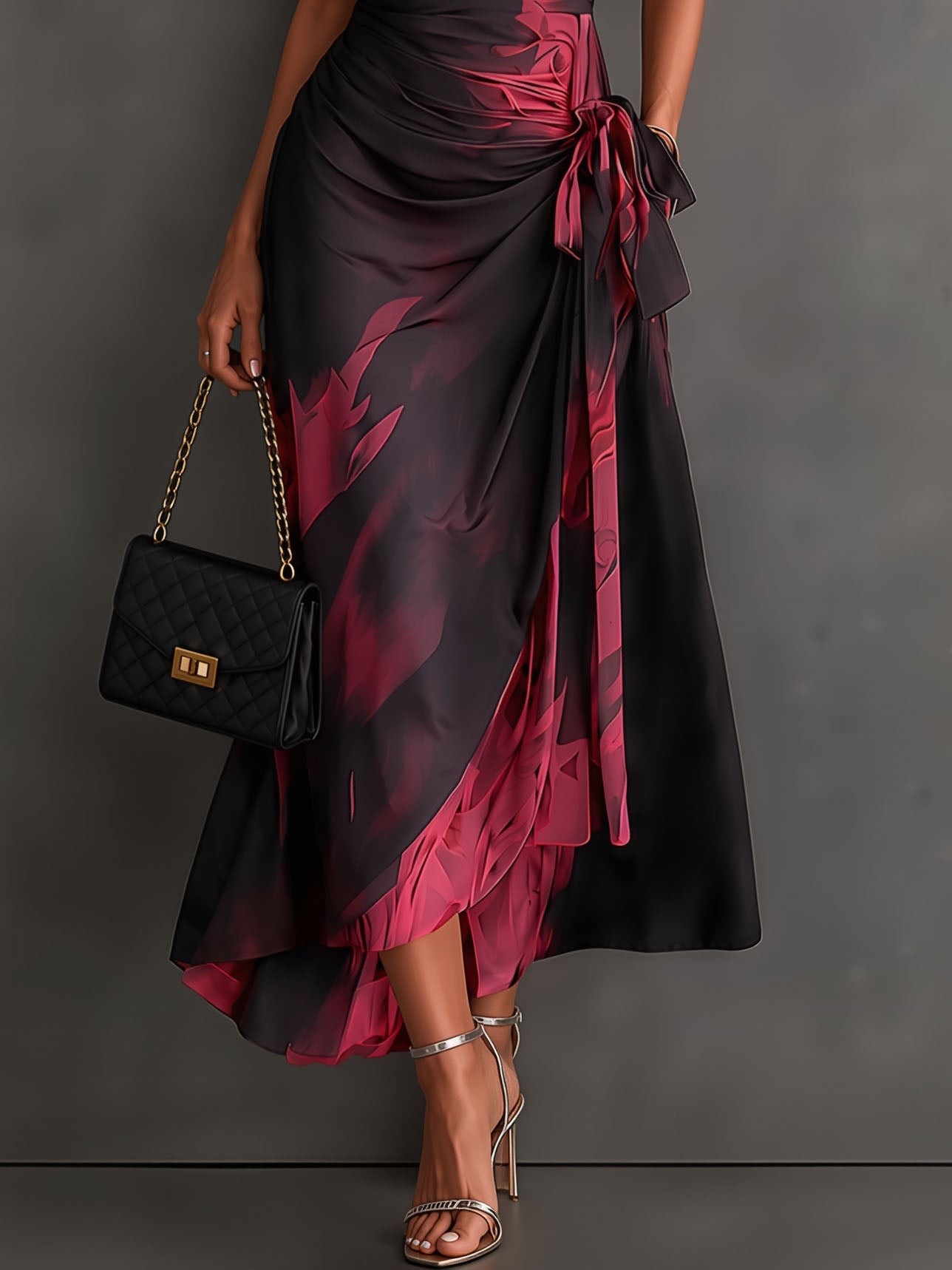 Red Black Abstract Print Wrap Midi Dress Collared V Neck Short Sleeve Tie Waist Ruffled High‑Low Hem Dress